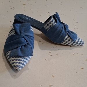New Blue and Cream Vivaia Pointed Toe Knot Mules